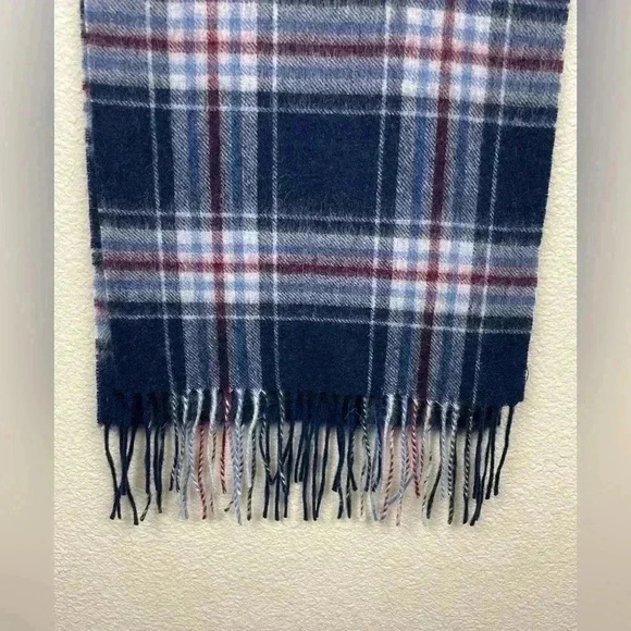 MONOPRIX Unisex One Size 100% Wool Fringe Scarf Blue Plaid Minimalist Essentials - Picture 3 of 13